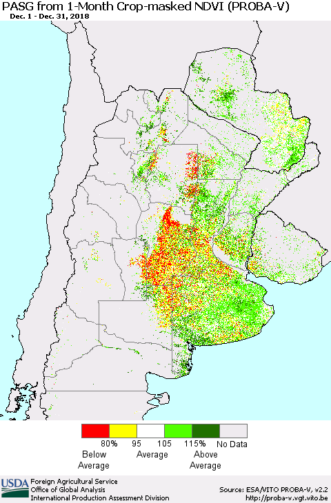 Southern South America PASG from 1-Month Crop-masked NDVI (PROBA-V) Thematic Map For 12/21/2018 - 12/31/2018