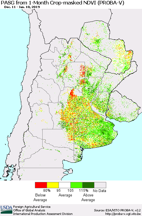 Southern South America PASG from 1-Month Crop-masked NDVI (PROBA-V) Thematic Map For 1/1/2019 - 1/10/2019