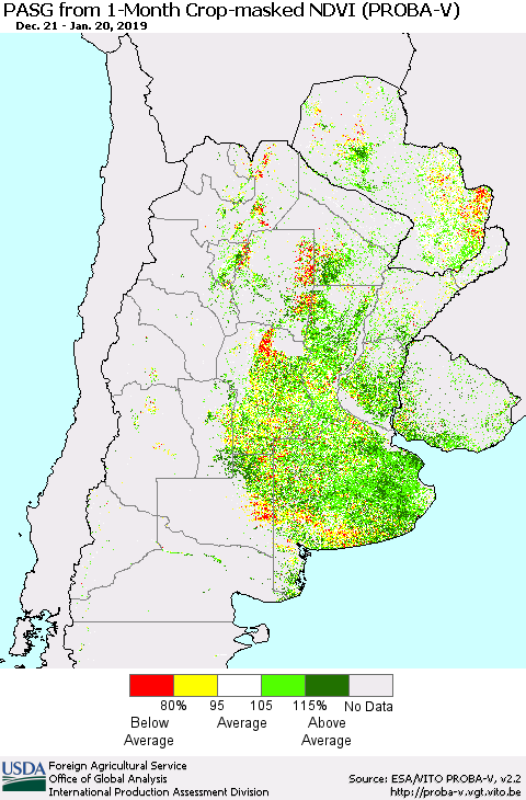 Southern South America PASG from 1-Month Crop-masked NDVI (PROBA-V) Thematic Map For 1/11/2019 - 1/20/2019