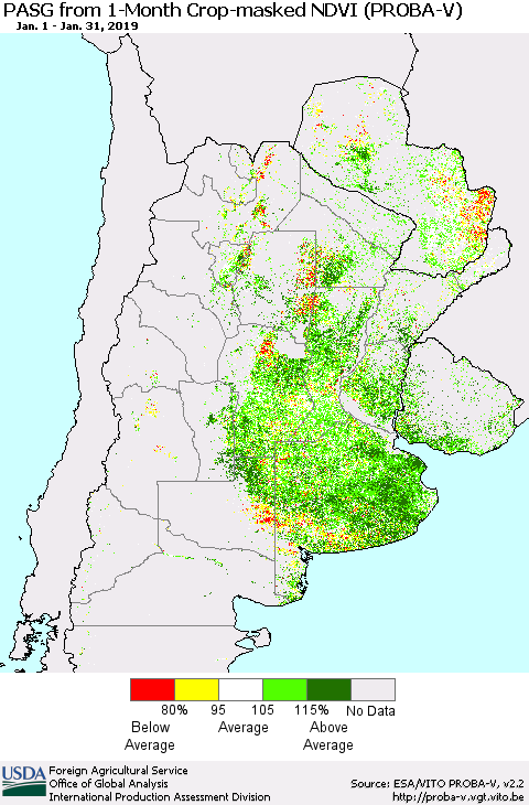 Southern South America PASG from 1-Month Crop-masked NDVI (PROBA-V) Thematic Map For 1/21/2019 - 1/31/2019