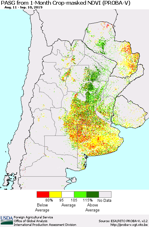 Southern South America PASG from 1-Month Crop-masked NDVI (PROBA-V) Thematic Map For 9/1/2019 - 9/10/2019