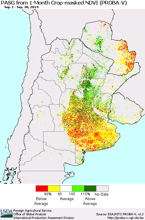 Southern South America PASG from 1-Month Crop-masked NDVI (PROBA-V) Thematic Map For 9/21/2019 - 9/30/2019
