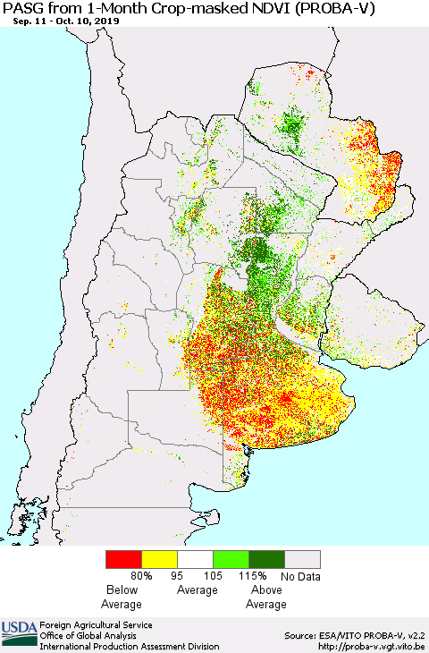 Southern South America PASG from 1-Month Crop-masked NDVI (PROBA-V) Thematic Map For 10/1/2019 - 10/10/2019