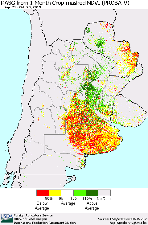 Southern South America PASG from 1-Month Crop-masked NDVI (PROBA-V) Thematic Map For 10/11/2019 - 10/20/2019