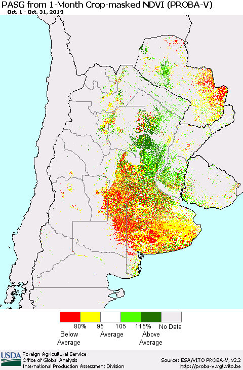 Southern South America PASG from 1-Month Crop-masked NDVI (PROBA-V) Thematic Map For 10/21/2019 - 10/31/2019