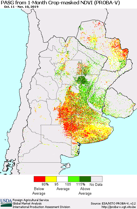Southern South America PASG from 1-Month Crop-masked NDVI (PROBA-V) Thematic Map For 11/1/2019 - 11/10/2019