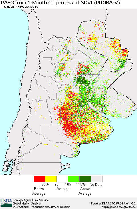 Southern South America PASG from 1-Month Crop-masked NDVI (PROBA-V) Thematic Map For 11/11/2019 - 11/20/2019