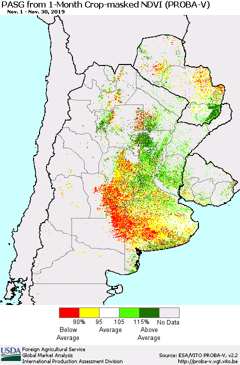 Southern South America PASG from 1-Month Crop-masked NDVI (PROBA-V) Thematic Map For 11/21/2019 - 11/30/2019