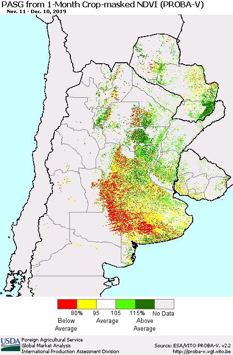 Southern South America PASG from 1-Month Crop-masked NDVI (PROBA-V) Thematic Map For 12/1/2019 - 12/10/2019