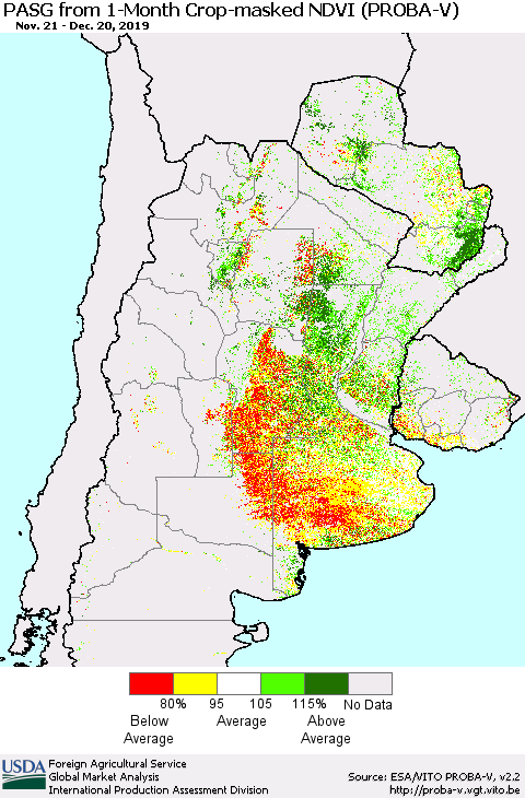 Southern South America PASG from 1-Month Crop-masked NDVI (PROBA-V) Thematic Map For 12/11/2019 - 12/20/2019