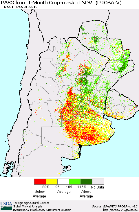 Southern South America PASG from 1-Month Crop-masked NDVI (PROBA-V) Thematic Map For 12/21/2019 - 12/31/2019