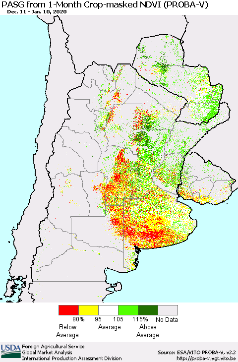 Southern South America PASG from 1-Month Crop-masked NDVI (PROBA-V) Thematic Map For 1/1/2020 - 1/10/2020