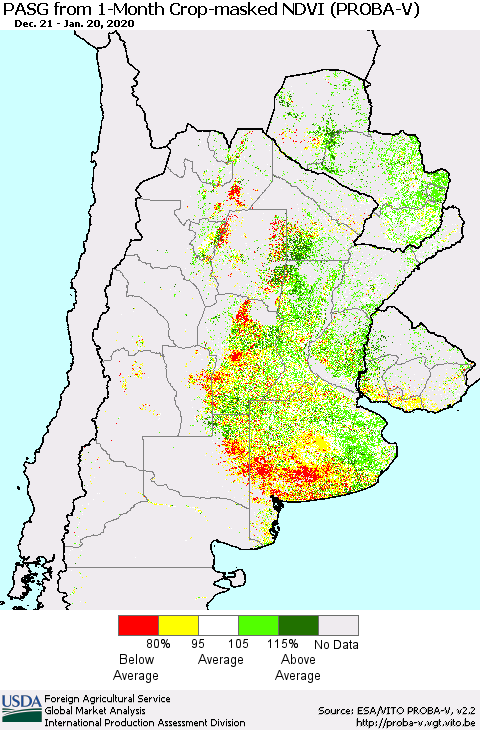 Southern South America PASG from 1-Month Crop-masked NDVI (PROBA-V) Thematic Map For 1/11/2020 - 1/20/2020