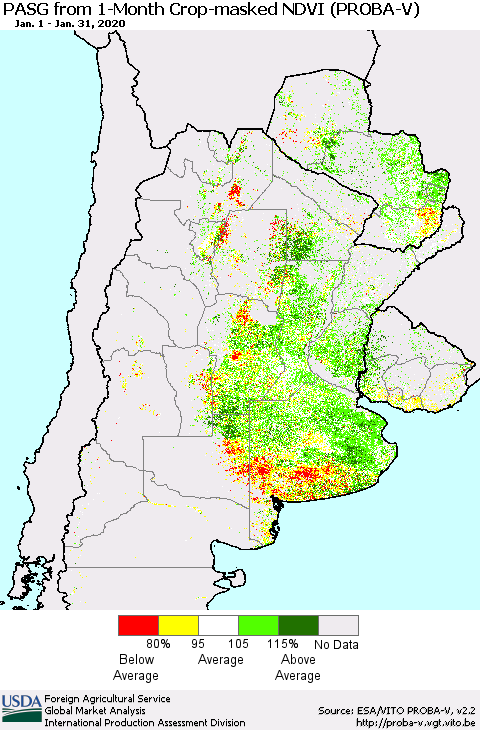 Southern South America PASG from 1-Month Crop-masked NDVI (PROBA-V) Thematic Map For 1/21/2020 - 1/31/2020