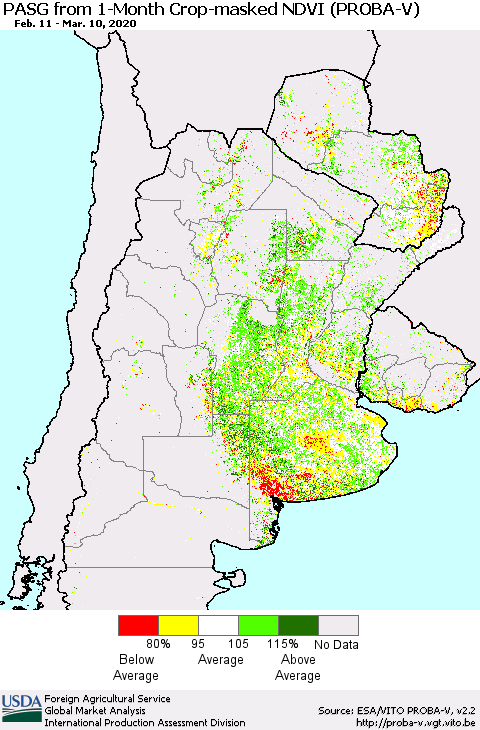 Southern South America PASG from 1-Month Crop-masked NDVI (PROBA-V) Thematic Map For 3/1/2020 - 3/10/2020