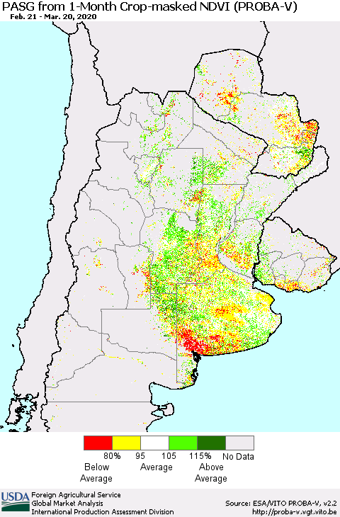Southern South America PASG from 1-Month Crop-masked NDVI (PROBA-V) Thematic Map For 3/11/2020 - 3/20/2020