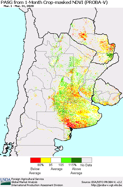 Southern South America PASG from 1-Month Crop-masked NDVI (PROBA-V) Thematic Map For 3/21/2020 - 3/31/2020