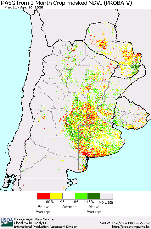 Southern South America PASG from 1-Month Crop-masked NDVI (PROBA-V) Thematic Map For 4/1/2020 - 4/10/2020