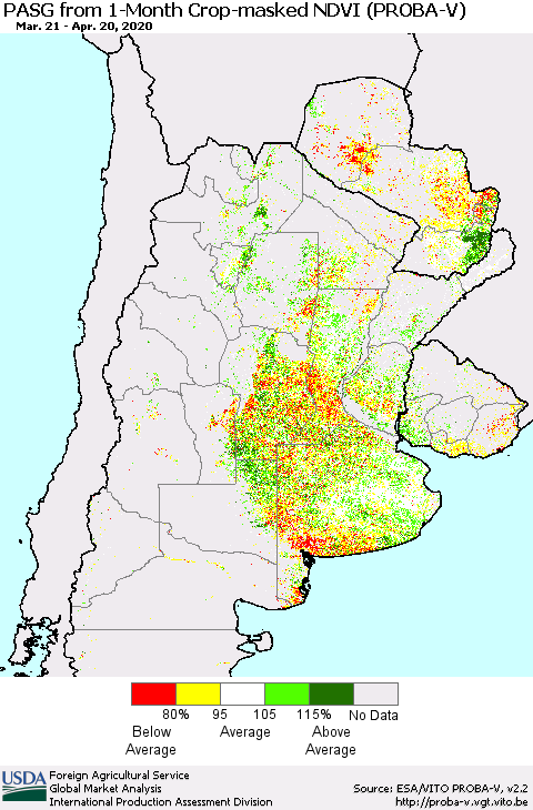 Southern South America PASG from 1-Month Crop-masked NDVI (PROBA-V) Thematic Map For 4/11/2020 - 4/20/2020