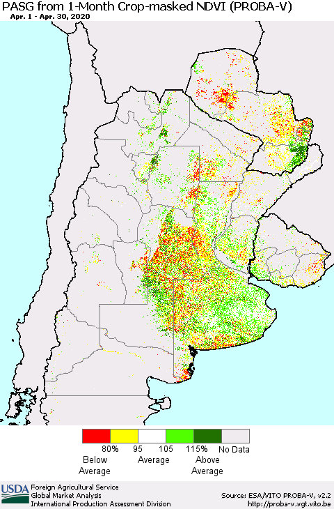 Southern South America PASG from 1-Month Crop-masked NDVI (PROBA-V) Thematic Map For 4/21/2020 - 4/30/2020