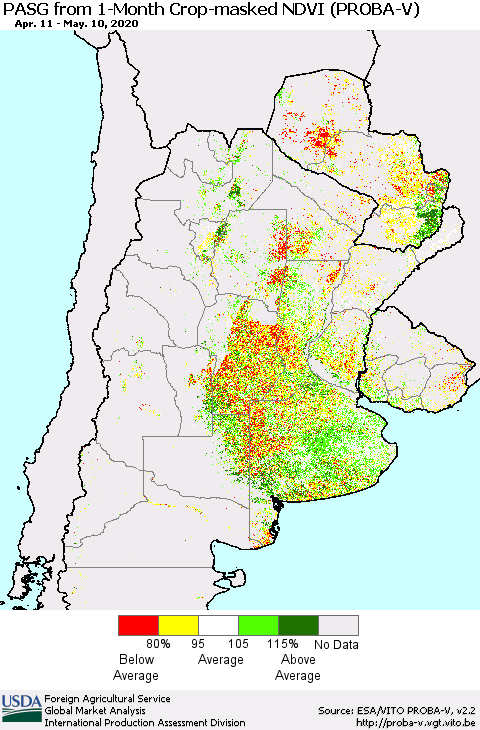 Southern South America PASG from 1-Month Crop-masked NDVI (PROBA-V) Thematic Map For 5/1/2020 - 5/10/2020
