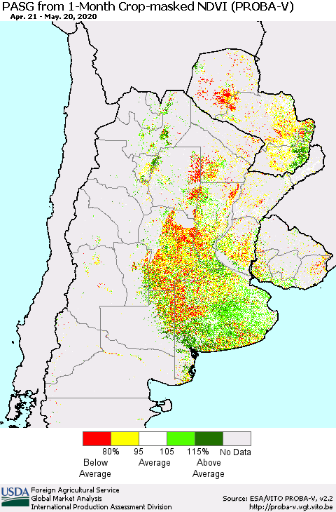 Southern South America PASG from 1-Month Crop-masked NDVI (PROBA-V) Thematic Map For 5/11/2020 - 5/20/2020