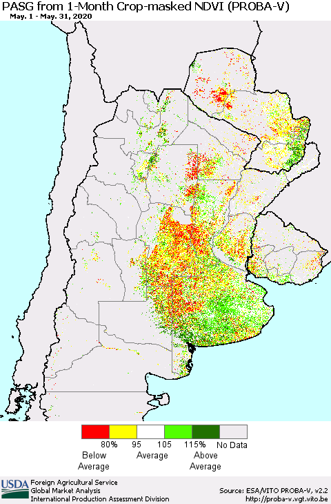 Southern South America PASG from 1-Month Crop-masked NDVI (PROBA-V) Thematic Map For 5/21/2020 - 5/31/2020