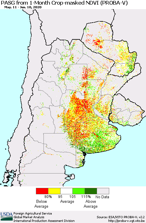 Southern South America PASG from 1-Month Crop-masked NDVI (PROBA-V) Thematic Map For 6/1/2020 - 6/10/2020