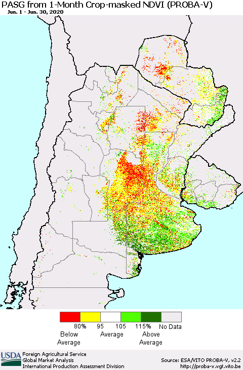 Southern South America PASG from 1-Month Crop-masked NDVI (PROBA-V) Thematic Map For 6/21/2020 - 6/30/2020