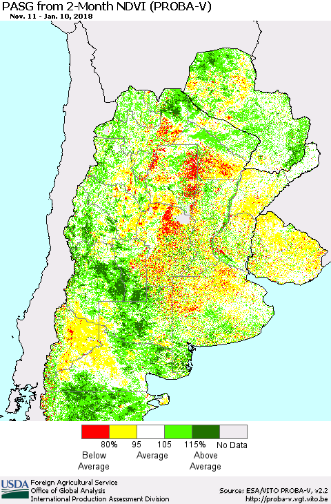 Southern South America PASG from 2-Month NDVI (PROBA-V) Thematic Map For 1/1/2018 - 1/10/2018