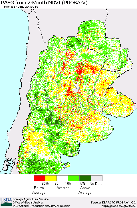 Southern South America PASG from 2-Month NDVI (PROBA-V) Thematic Map For 1/11/2018 - 1/20/2018