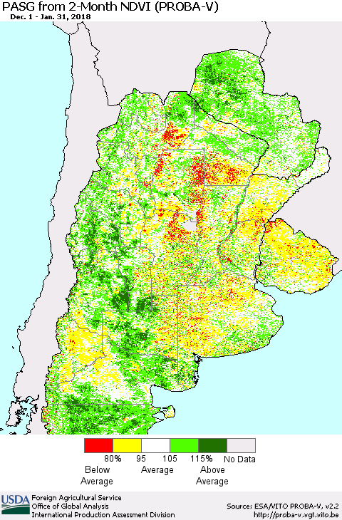 Southern South America PASG from 2-Month NDVI (PROBA-V) Thematic Map For 1/21/2018 - 1/31/2018