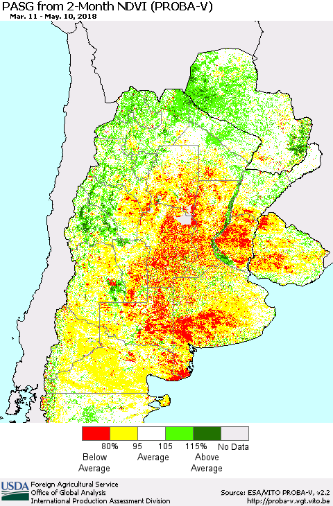 Southern South America PASG from 2-Month NDVI (PROBA-V) Thematic Map For 5/1/2018 - 5/10/2018