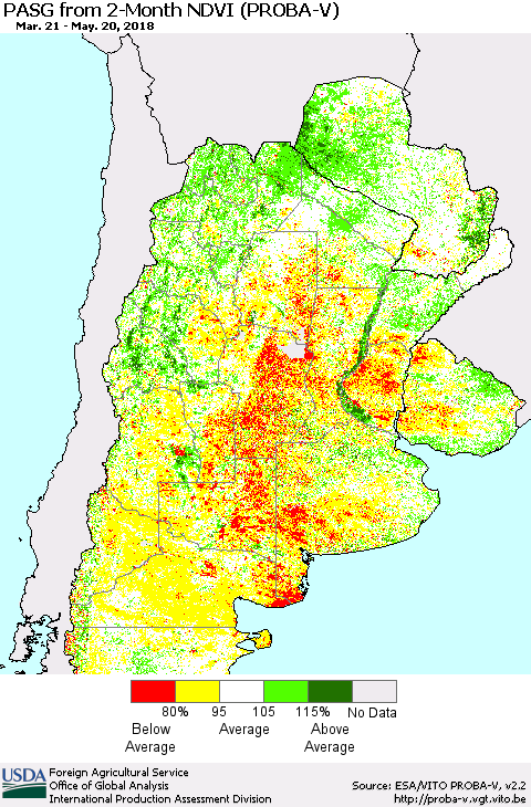 Southern South America PASG from 2-Month NDVI (PROBA-V) Thematic Map For 5/11/2018 - 5/20/2018