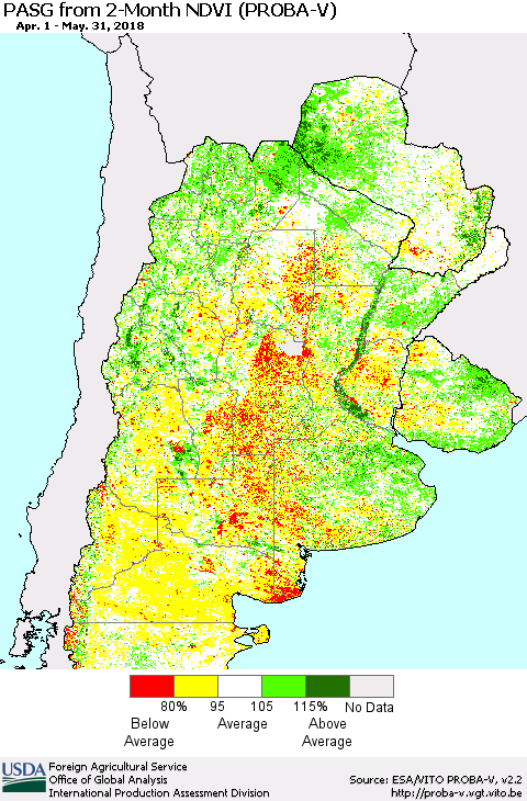 Southern South America PASG from 2-Month NDVI (PROBA-V) Thematic Map For 5/21/2018 - 5/31/2018