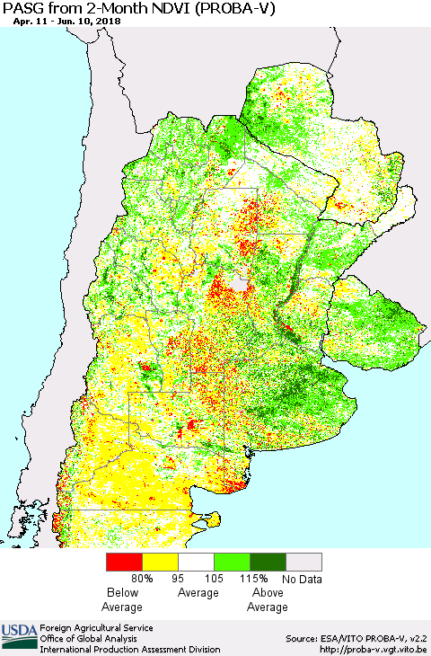 Southern South America PASG from 2-Month NDVI (PROBA-V) Thematic Map For 6/1/2018 - 6/10/2018