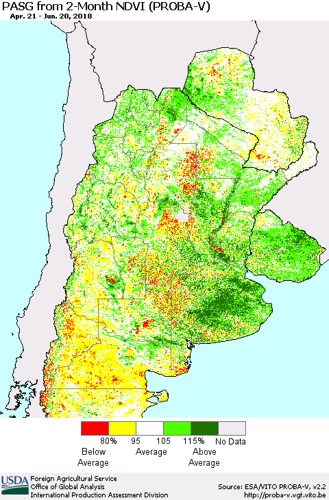 Southern South America PASG from 2-Month NDVI (PROBA-V) Thematic Map For 6/11/2018 - 6/20/2018