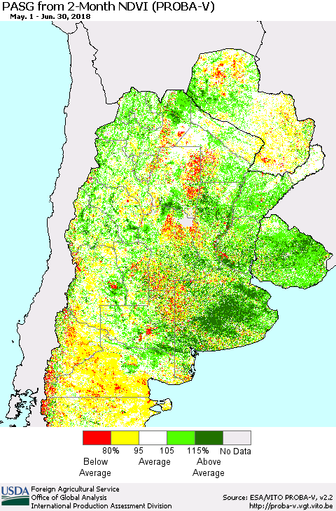 Southern South America PASG from 2-Month NDVI (PROBA-V) Thematic Map For 6/21/2018 - 6/30/2018