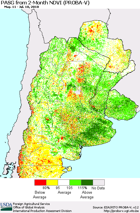Southern South America PASG from 2-Month NDVI (PROBA-V) Thematic Map For 7/1/2018 - 7/10/2018