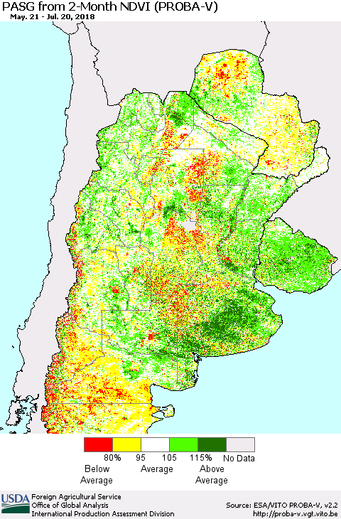 Southern South America PASG from 2-Month NDVI (PROBA-V) Thematic Map For 7/11/2018 - 7/20/2018
