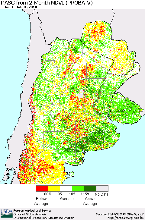 Southern South America PASG from 2-Month NDVI (PROBA-V) Thematic Map For 7/21/2018 - 7/31/2018