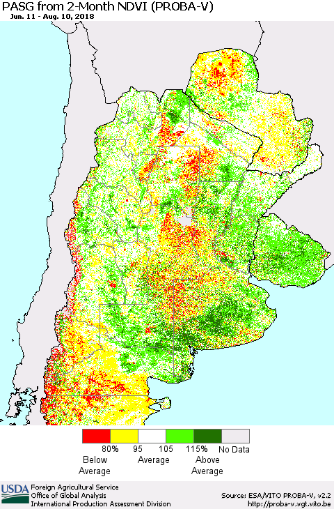 Southern South America PASG from 2-Month NDVI (PROBA-V) Thematic Map For 8/1/2018 - 8/10/2018