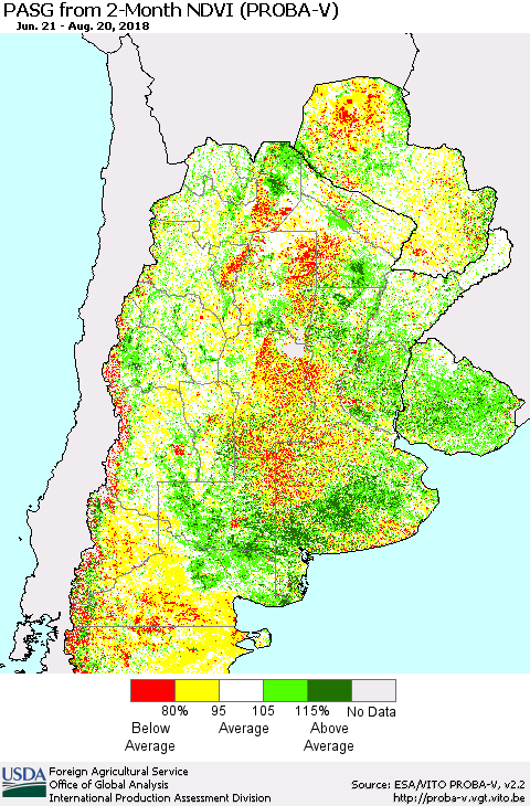 Southern South America PASG from 2-Month NDVI (PROBA-V) Thematic Map For 8/11/2018 - 8/20/2018