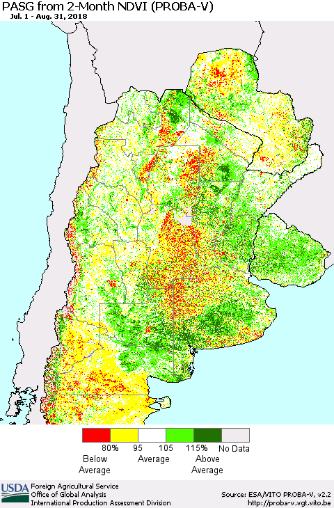 Southern South America PASG from 2-Month NDVI (PROBA-V) Thematic Map For 8/21/2018 - 8/31/2018
