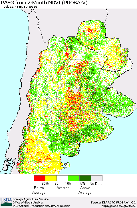 Southern South America PASG from 2-Month NDVI (PROBA-V) Thematic Map For 9/1/2018 - 9/10/2018