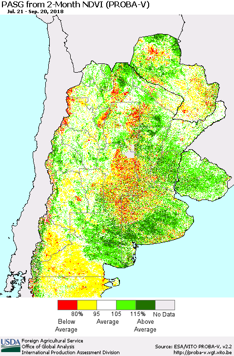 Southern South America PASG from 2-Month NDVI (PROBA-V) Thematic Map For 9/11/2018 - 9/20/2018
