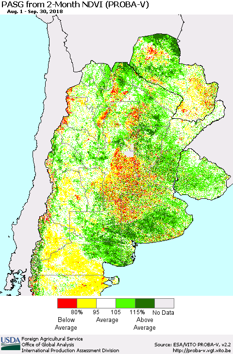 Southern South America PASG from 2-Month NDVI (PROBA-V) Thematic Map For 9/21/2018 - 9/30/2018