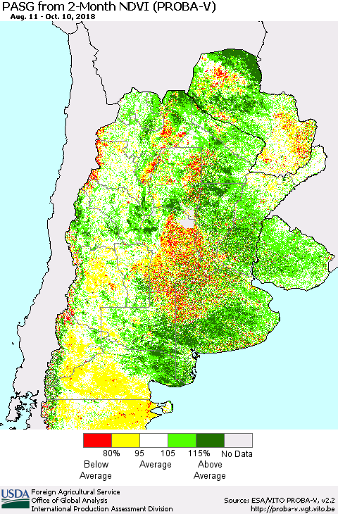 Southern South America PASG from 2-Month NDVI (PROBA-V) Thematic Map For 10/1/2018 - 10/10/2018