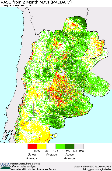 Southern South America PASG from 2-Month NDVI (PROBA-V) Thematic Map For 10/11/2018 - 10/20/2018