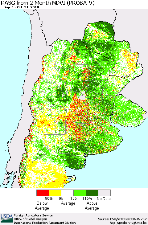 Southern South America PASG from 2-Month NDVI (PROBA-V) Thematic Map For 10/21/2018 - 10/31/2018